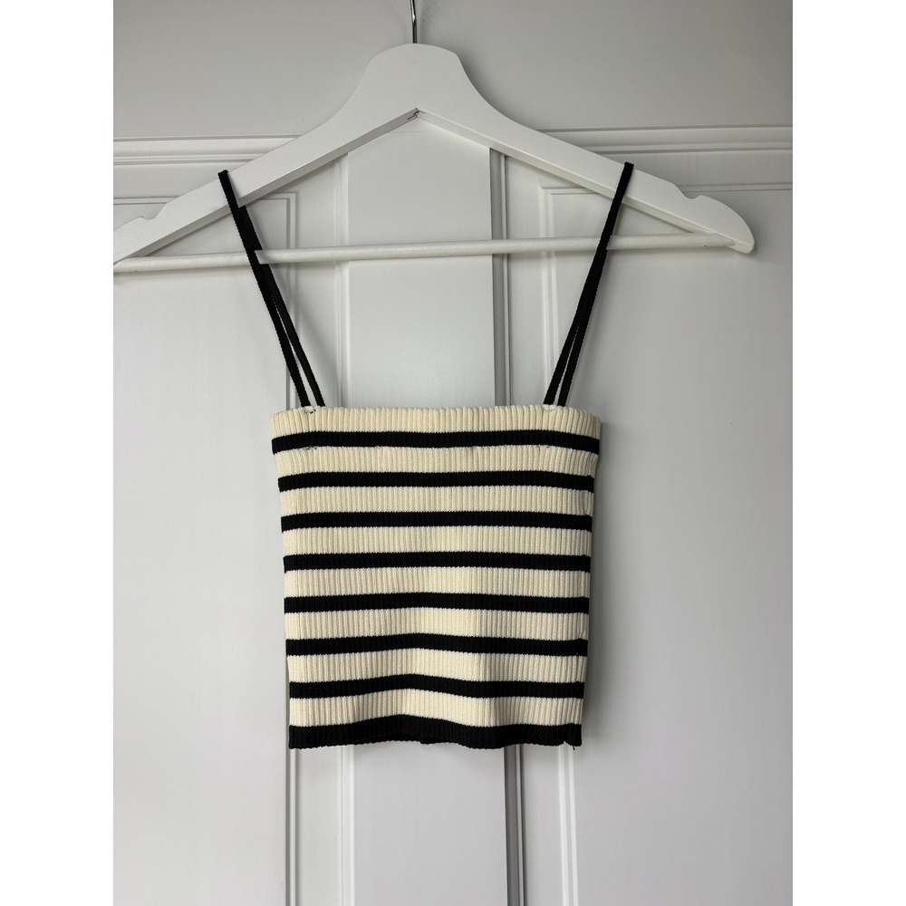 NWT Zara Striped Knit Camisole Crop Top Small Cream Black Ribbed Spaghetti Strap - Picture 4 of 4